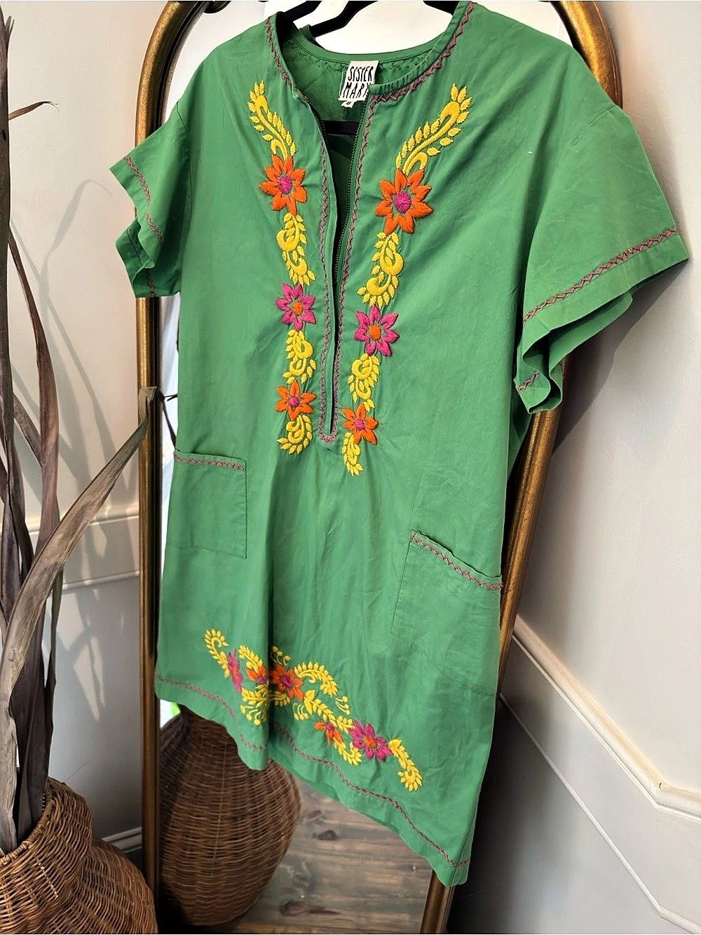 Sister Mary Embroidered Floral Mini Dress in Green Small